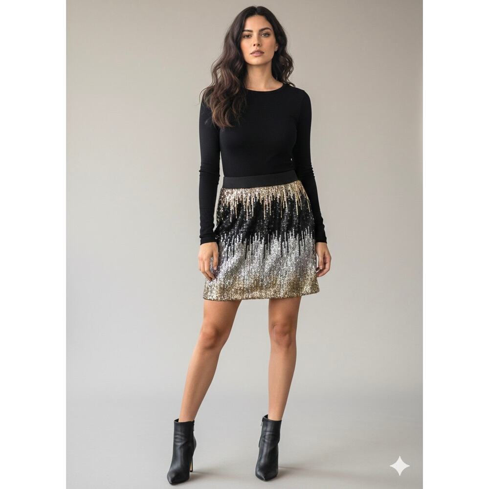 Bisou Bisou Sequin Mini Skirt Womens Sz S Black Gold Silver Ombre Stretchy Party - Picture 2 of 11